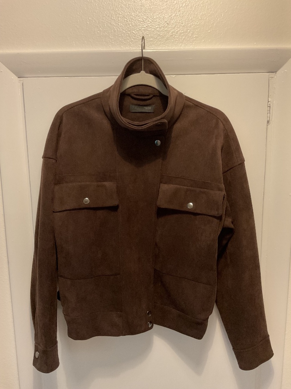 Zara Faux Suede High Neck Bomber Jacket, Dark Brown, Size Small